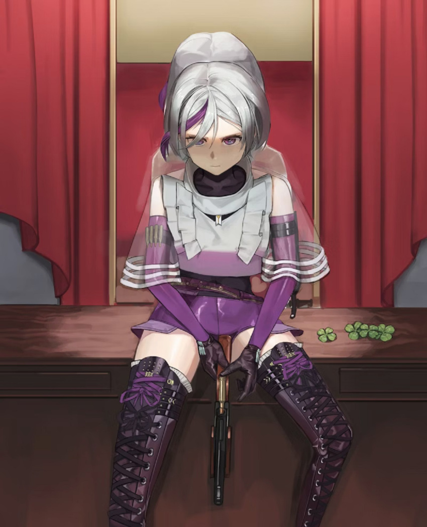 1girl, aoi_wakashi_chiyo, backstage, boots, commission, contender_(girls'_frontline), girls_frontline, grey_hair