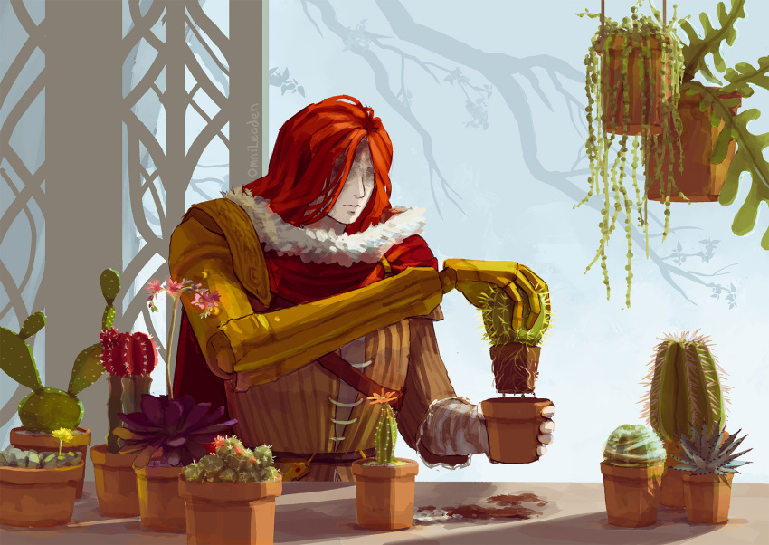 1girl, artist_name, branch, cactus, cape, commentary, elden_ring, english_commentary