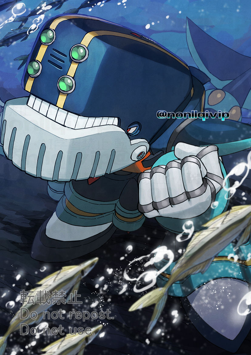 1boy, air_bubble, bubble, clenched_hand, humanoid_robot, male_focus, mega_man_(series), mega_man_x5