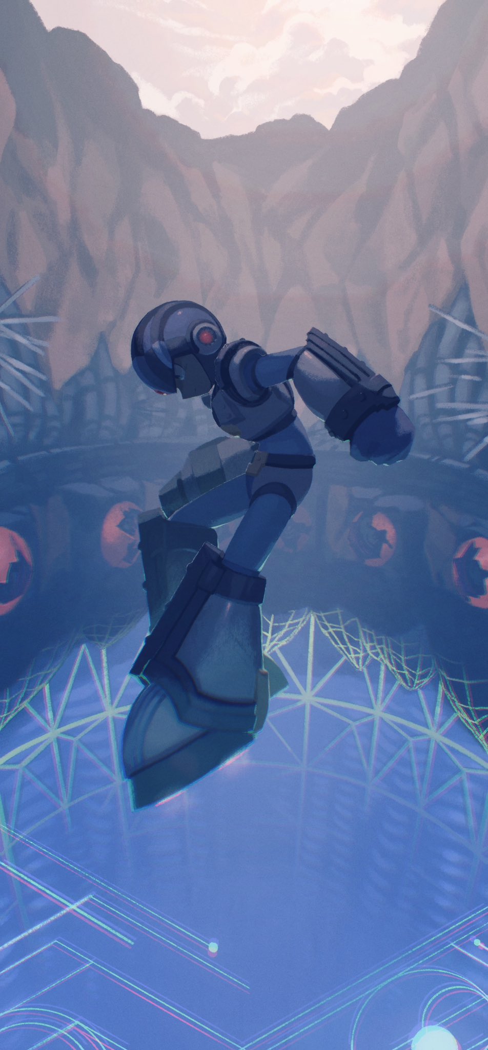 1boy, android, blurry, blurry_background, clenched_hand, falling, full_body, gaea_armor_x_(mega_man), grey_armor, grey_helmet, highres, klenschheim, male_focus, mega_man_(series), mega_man_x5, mega_man_x_(series), muted_color, serious, solo, x_(mega_man)