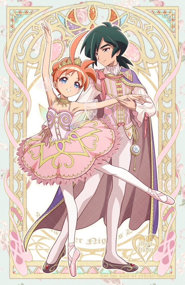 1boy, 1girl, ahoge, alternate_costume, arch, arm_up, ballerina, ballet_slippers