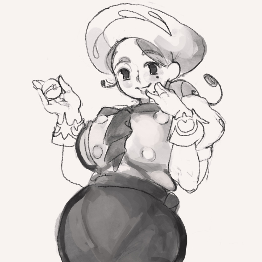 blush, breasts, chef_hat, gloves, greyscale, hair_bun, hand_to_own_mouth, hat