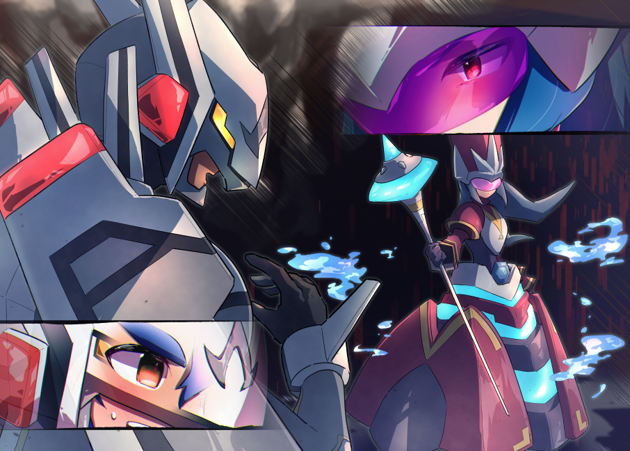 1boy, 1girl, a.c._eos_(mega_man), acid_ace_(mega_man), armor, assault_visor, battle, brown_eyes, dress, em_wave_change_(mega_man), eye_focus, helmet, holding, holding_staff, kika_tohoku, mega_man_(series), mega_man_star_force, mega_man_star_force_3, power_armor, queen_tia_(mega_man), queen_virgo_(mega_man), red_dress, red_eyes, staff, white_armor, white_helmet, witch