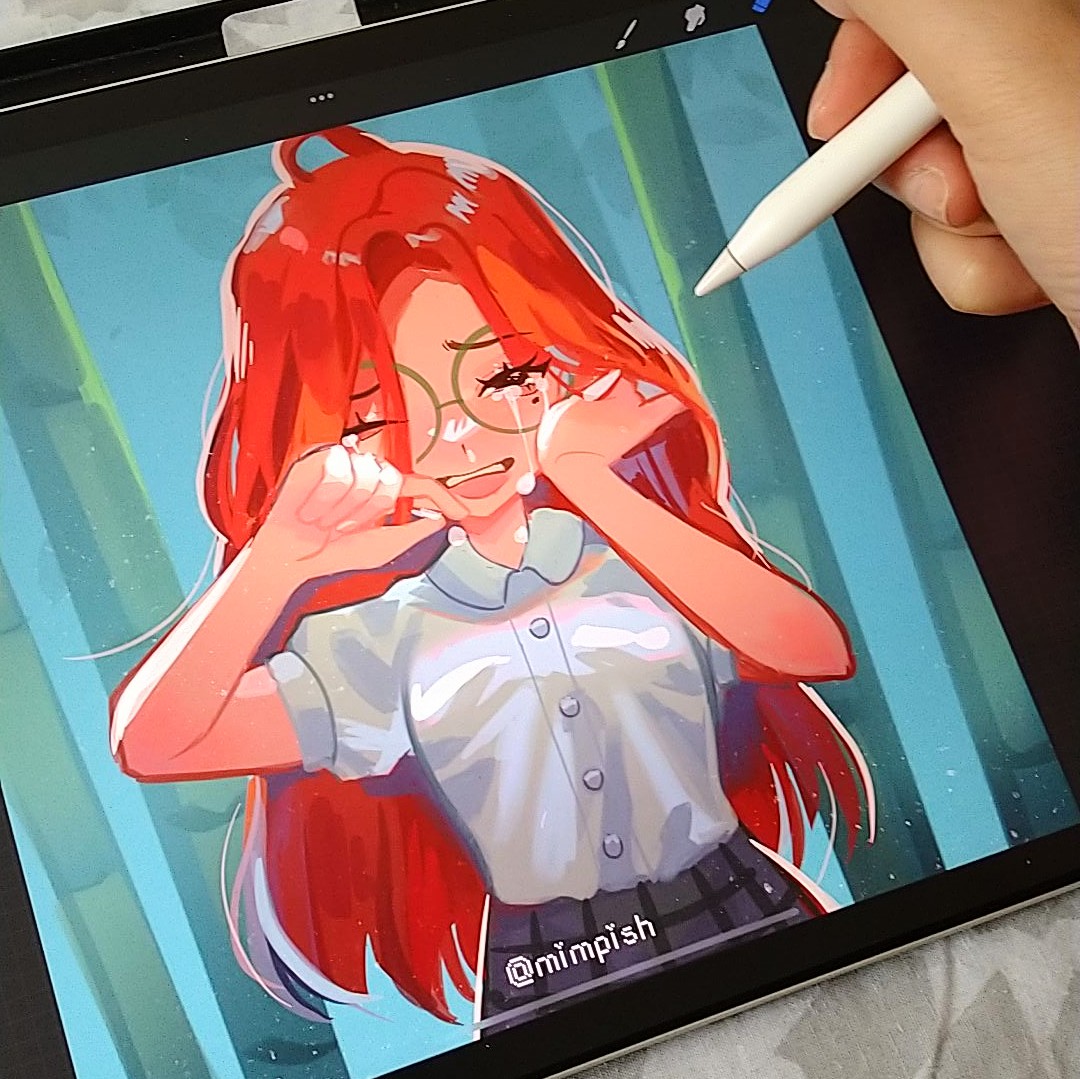1girl, art_program_in_frame, art_tools_in_frame, artist's_hand_in_frame, black_eyes, breasts, commentary, crying, english_commentary, glasses, half-closed_eye, long_hair, mimpish, ming_lee, ming_lee_(young), one_eye_closed, photo_(medium), plaid, plaid_skirt, redhead, round_eyewear, school_uniform, skirt, small_breasts, solo, streaming_tears, tears, turning_red, twitter_username, upper_body