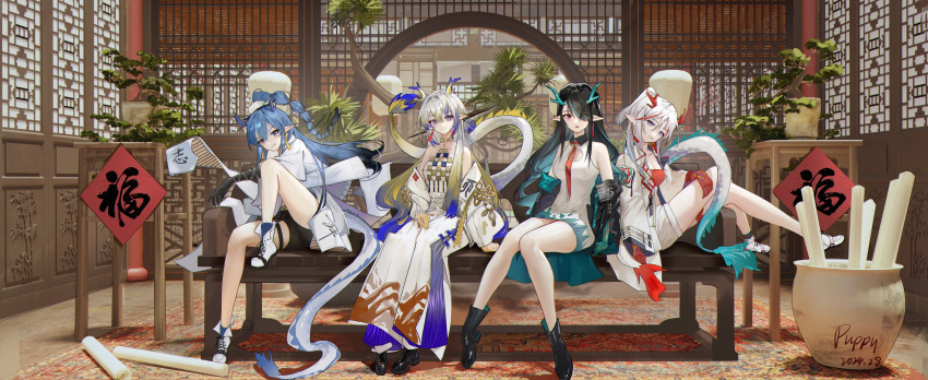 4girls, absurdres, arknights, black_hair, black_shorts, blue_eyes, blue_hair, blue_horns