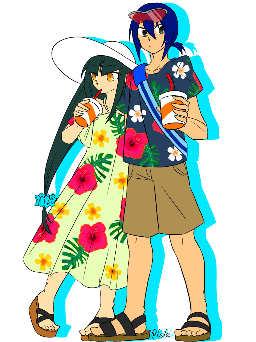 1boy, 1girl, a.c._eos_(mega_man), black_hair, blue_hair, blue_shirt, brown_shorts, couple, cup, dress, drinking_straw, eyewear_on_head, floral_print, hat, highres, holding, holding_cup, l_sle, long_hair, medium_hair, mega_man_star_force_3, orange_eyes, print_dress, print_shirt, queen_tia_(mega_man), red-tinted_eyewear, shadow, shirt, shorts, simple_background, strapless, strapless_dress, sun_hat, sunglasses, tinted_eyewear, twitter_username, white_background, white_hair, yellow_dress