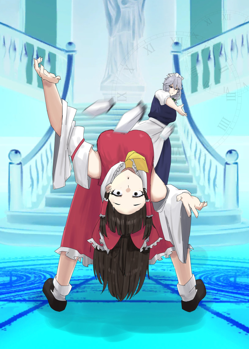 2girls, absurdres, apron, ascot, black_eyes, black_footwear, black_hair, blue_dress, blue_eyes, bow, braid, breasts, closed_mouth, detached_sleeves, dial, dodging, dress, english_commentary, eyelashes, fingernails, forehead, frilled_bow, frilled_hair_tubes, frills, green_bow, grey_hair, hair_bow, hair_tubes, hakurei_reimu, highres, indoors, izayoi_sakuya, knife, large_breasts, leaning_back, legs_apart, looking_at_another, looking_at_viewer, maid_headdress, man_dodging_a_kettle_(meme), meme, motion_blur, multiple_girls, omikami, parted_lips, puffy_short_sleeves, puffy_sleeves, red_bow, red_dress, short_sleeves, socks, stairs, standing, statue, throwing_knife, time_stop, touhou, twin_braids, v-shaped_eyebrows, weapon, white_apron, white_sleeves, white_socks, wide-eyed, yellow_ascot