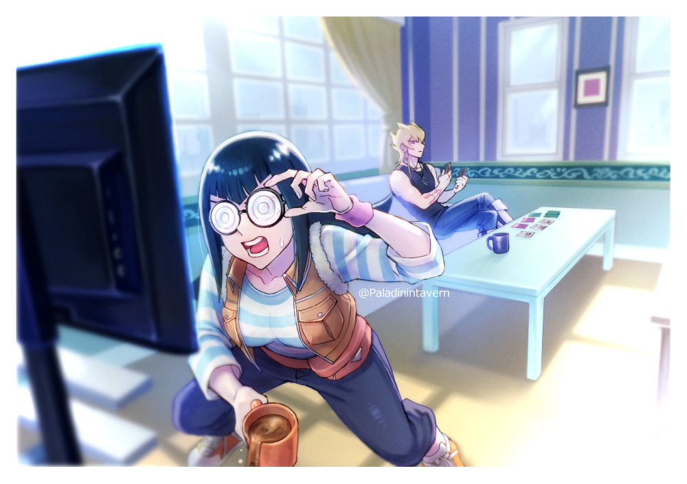 1boy, 1girl, black_hair, black_shirt, blonde_hair, blue_pants, blue_shirt, blurry