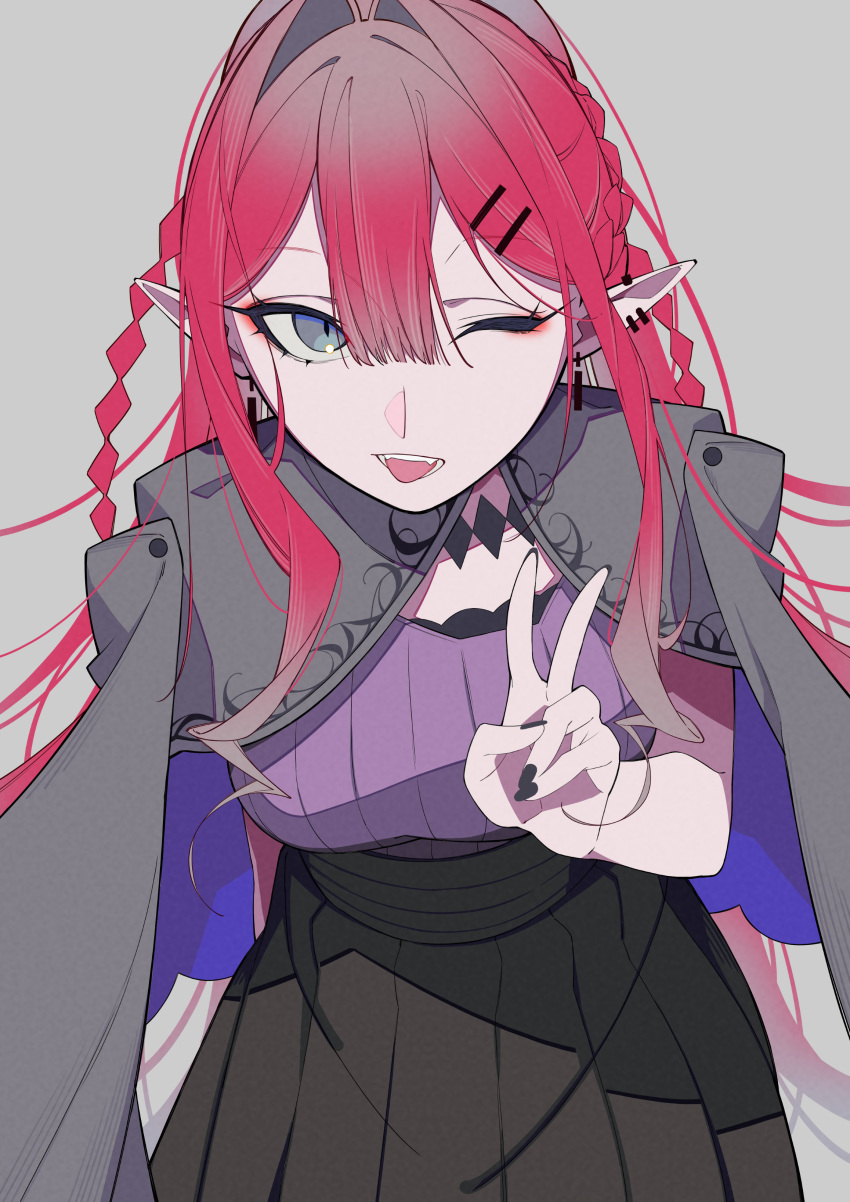 1girl, absurdres, baobhan_sith_(fate), baobhan_sith_(swimsuit_pretender)_(fate), baobhan_sith_(swimsuit_pretender)_(second_ascension)_(fate), black_skirt, braid, breasts, capelet, ear_piercing, earrings, fangs, fate/grand_order, fate_(series), french_braid, grey_capelet, grey_eyes, hair_ornament, hand_up, highres, jewelry, kafueore, long_hair, looking_at_viewer, open_mouth, piercing, pink_hair, pointy_ears, purple_shirt, shirt, sidelocks, skirt, smile, solo, tongue, tongue_out, v, white_background