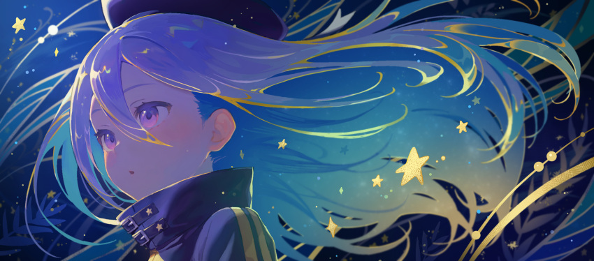 1girl, beret, blue_hair, gradient_hair, hair_between_eyes, hat, highres, jacket