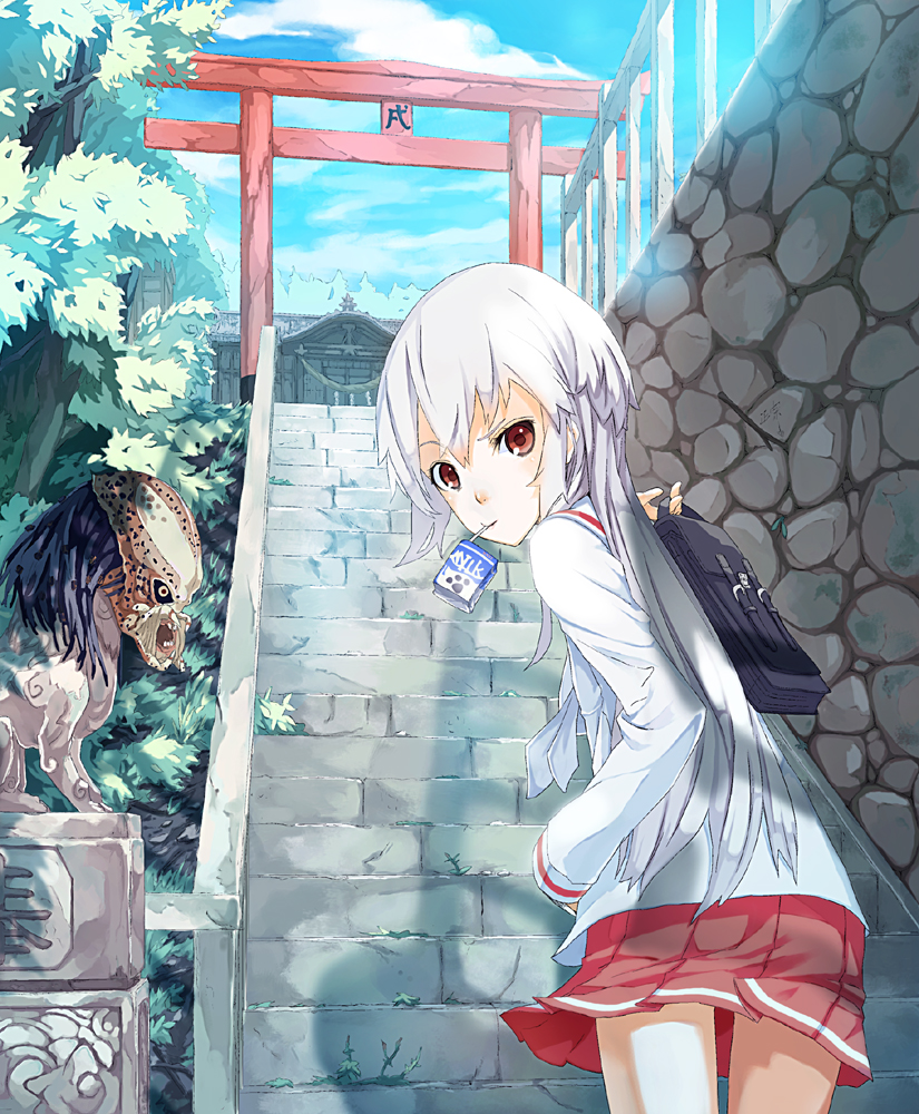 drink, juice_box, komainu, kona_(yubisakiko), long_hair, looking_back, mouth_hold, original