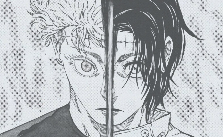 2boys, black_hair, gojou_satoru, highres, jujutsu_kaisen, kurrrto, monochrome, multiple_boys