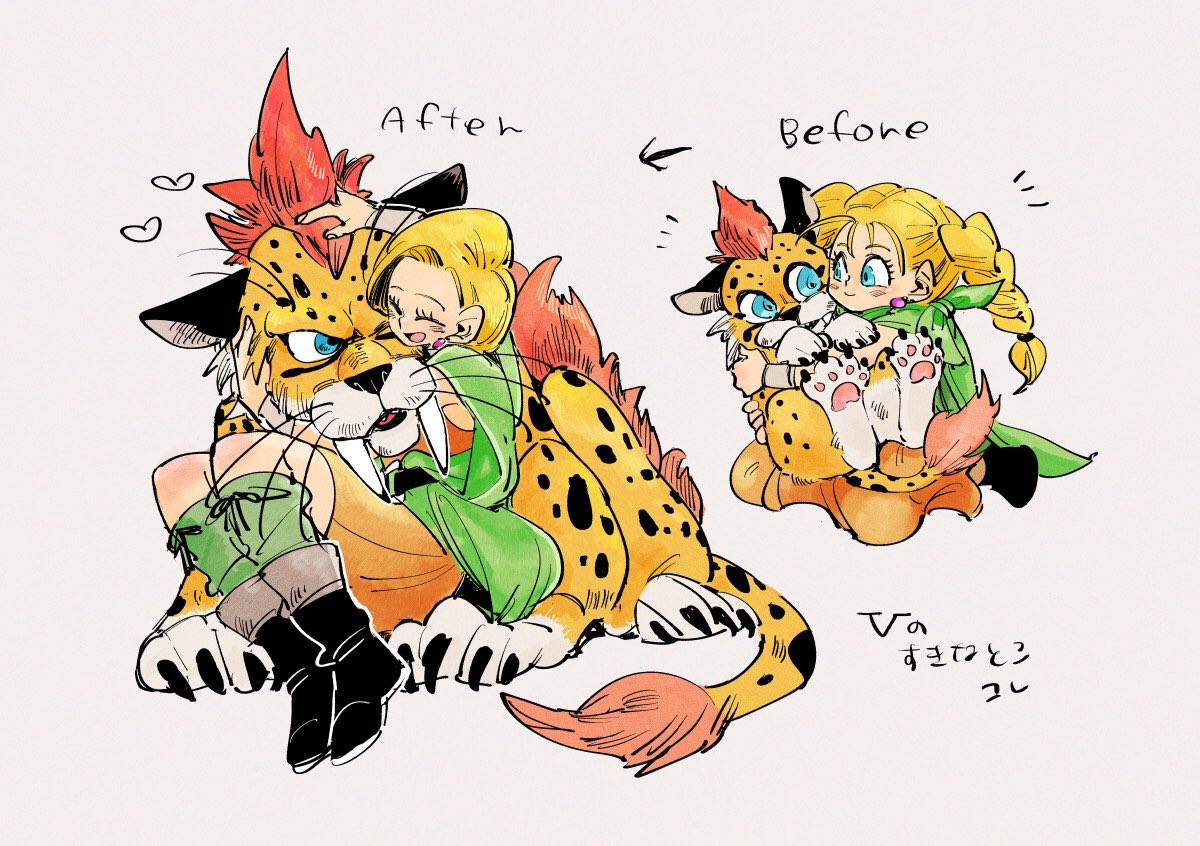1girl, age_progression, aged_down, animal_hug, belt, bianca_(dq5), blonde_hair, blue_eyes, blush, boots, borongo, braid, cape, closed_mouth, dragon_quest, dragon_quest_v, dress, earrings, fangs, full_body, green_cape, green_socks, headpat, heart, hug, jewelry, long_hair, looking_at_another, monster, nemushadai, open_mouth, orange_dress, seiza, simple_background, sitting, smile, socks, twin_braids, twintails, yellow_fur