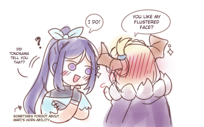 2girls, ?, blonde_hair, blue_hair, blush, blush_visible_through_hair, braid, chibi, crossed_arms, dark_blue_hair, demon_girl, demon_horns, english_text, flying_sweatdrops, genjitsu_no_yohane, hair_ribbon, highres, horns, kanan_(genjitsu_no_yohane), long_hair, looking_at_another, love_live!, love_live!_sunshine!!, mari_(genjitsu_no_yohane), matsuura_kanan, motion_lines, multiple_girls, ohara_mari, ponytail, ribbon, sioneve, speech_bubble, violet_eyes, white_background, yuri
