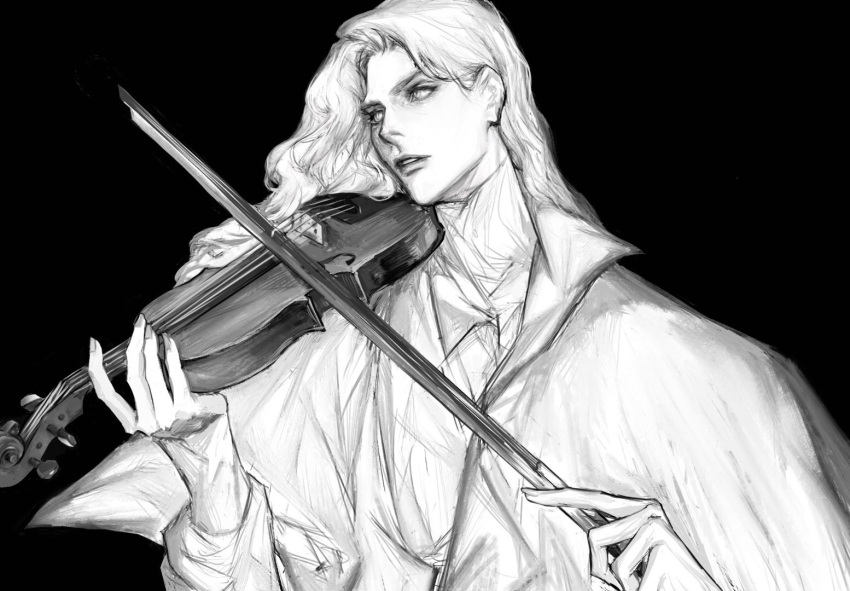 1boy, bishounen, black_background, bow_(music), collared_jacket, collared_shirt, expressionless, fingernails, greyscale, holding, holding_bow_(music), holding_instrument, holding_violin, instrument, interview_with_a_vampire, jacket, lestat_de_lioncourt_(interview_with_a_vampire), lips, long_hair, long_sleeves, looking_ahead, male_focus, monochrome, music, open_clothes, open_jacket, parted_lips, playing_instrument, realistic, shirt, simple_background, sleeves_past_wrists, solo, teeth, thick_eyebrows, upper_body, violin, wavy_hair, zhishi_(itsme948)