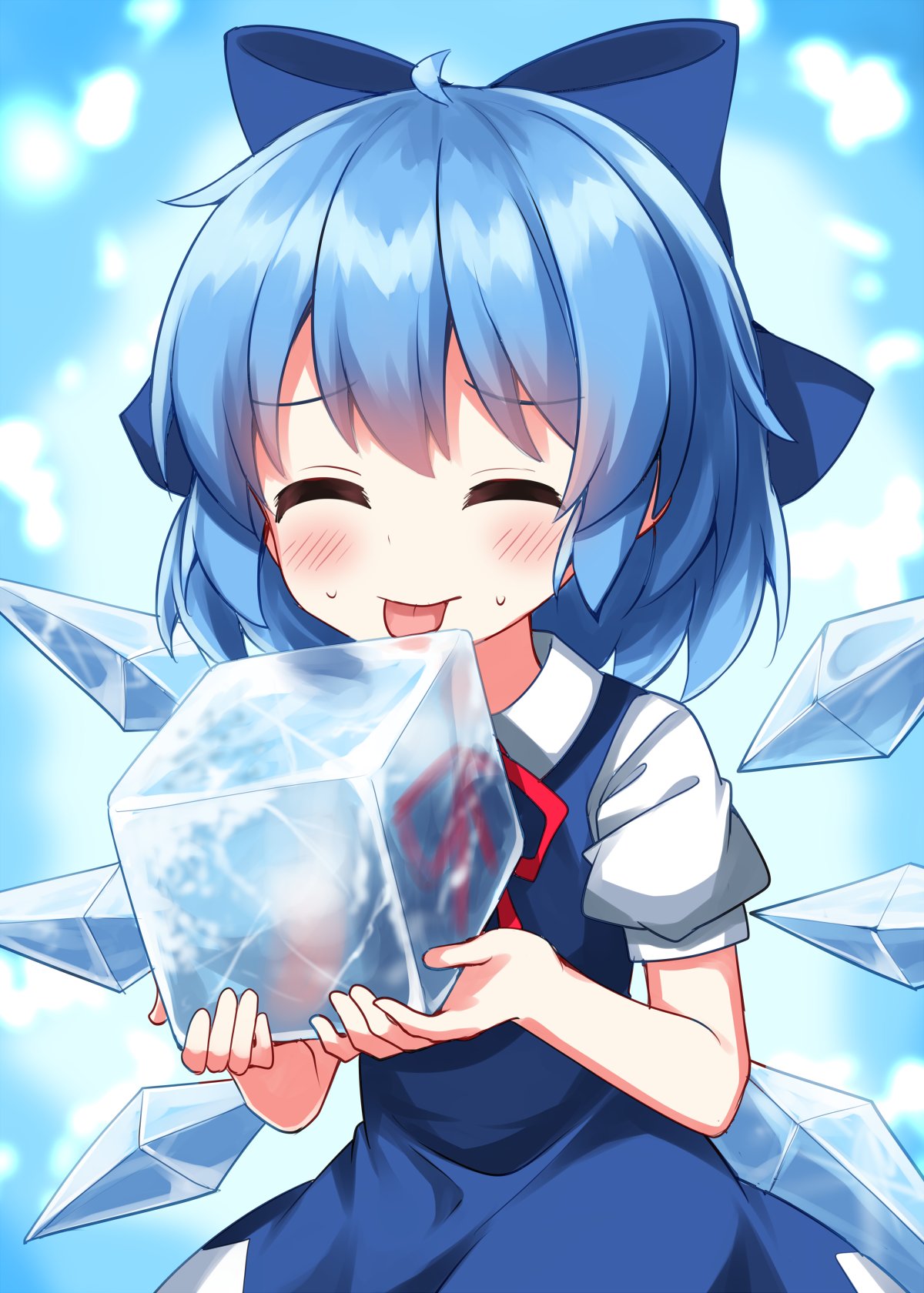 1girl, blue_background, blue_bow, blue_dress, blue_hair, blush, bow, cirno