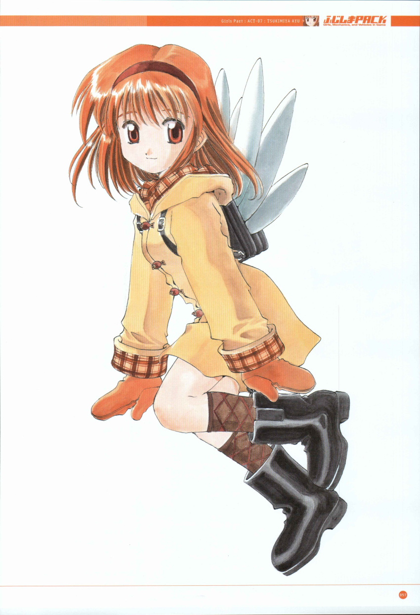 1girl, absurdres, artbook, backpack, bad_link, bag, black_bag, black_footwear, boots, brown_eyes, brown_mittens, buckle, character_name, coat, english_text, fujishima_kousuke, hairband, halftone, highres, hood, hooded_coat, kanon, kneehighs, leg_up, light_brown_eyebrows, light_brown_hair, long_sleeves, looking_at_viewer, mittens, moire, multicolored_sleeve_cuffs, numbered, page_number, plaid_sleeve_cuffs, red_hairband, scan, short_hair, sleeve_cuffs, socks, solo, tsukimiya_ayu, two-tone_socks, white_background, winged_bag, yellow_coat, yellow_hood, yellow_sleeves