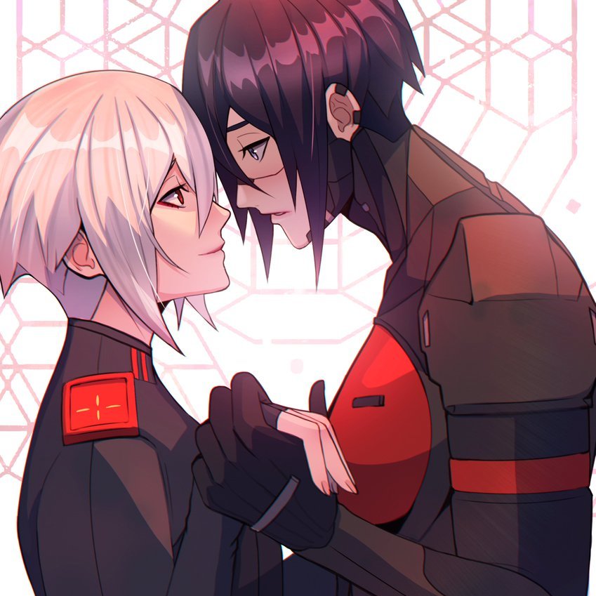 2girls, android, ariane_yeong, black_hair, blue_eyes, cyberpunk, elster_(signalis), joints