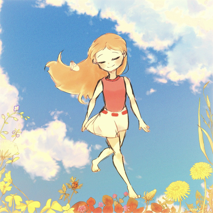 1girl, barefoot, blush, bug, butterfly, candace_gertrude_flynn, closed_eyes, closed_mouth