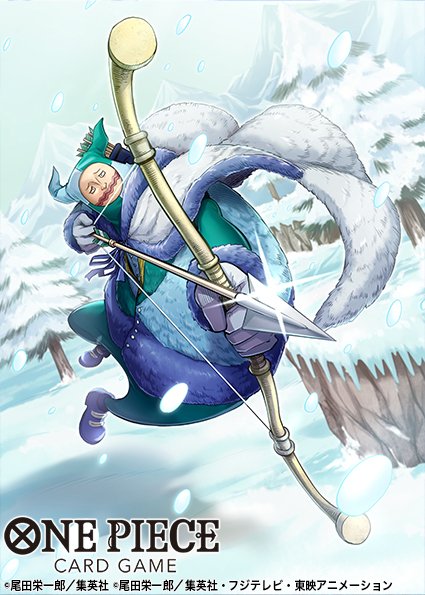 1boy, aiming, arrow_(projectile), bow_(weapon), chess_(one_piece), cloak, clouds, cloudy_sky, commentary_request, copyright_name, fir_tree, full_body, fur_cloak, glint, gloves, male_focus, mountain, nnm_kmym, official_art, one_piece, one_piece_card_game, shadow, sky, snowing, solo, tree, weapon, white_cloak