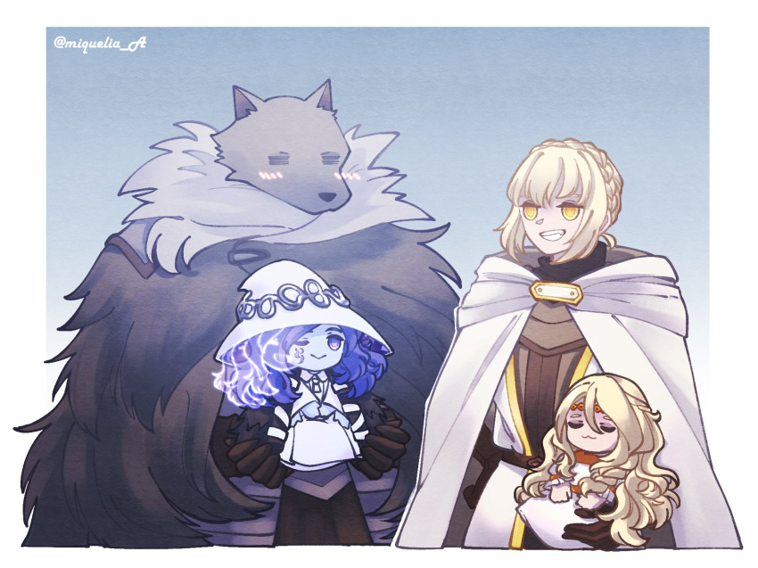 2boys, 2girls, blaidd_the_half-wolf, blue_skin, braid, brother_and_sister, cape, chibi