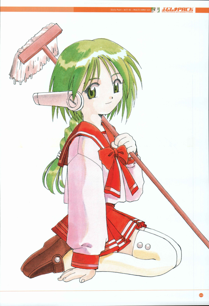 1girl, absurdres, android, artbook, bad_link, braid, brown_footwear, buttons, character_name, closed_mouth, double_horizontal_stripe, fingernails, fujishima_kousuke, green_eyebrows, green_eyes, green_hair, hair_tie, halftone, highres, holding, holding_mop, horizontal-striped_ribbon, horizontal-striped_sleeve_cuffs, long_hair, long_sleeves, looking_at_viewer, low-tied_long_hair, moire, mop, multi_(to_heart), numbered, page_number, pleated_skirt, red_ribbon, red_sailor_collar, red_skirt, red_sleeve_cuffs, ribbon, robot_ears, sailor_collar, scan, school_uniform, seiza, serafuku, single_braid, single_horizontal_stripe, sitting, skirt, smile, solo, thigh-highs, to_heart, to_heart_(series), white_background, white_sleeves, white_stripes, white_thighhighs