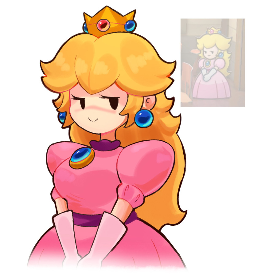 1girl, blonde_hair, crown, dress, earrings, ellisbros, gloves, highres, jewelry, long_hair, looking_to_the_side, paper_mario, pink_dress, princess_peach, simple_background, smile, smug, super_mario_bros.
