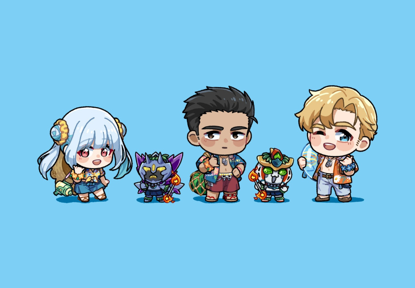 1girl, 4boys, ao_isami, big_head, black_hair, blonde_hair, blue_background, blue_eyes