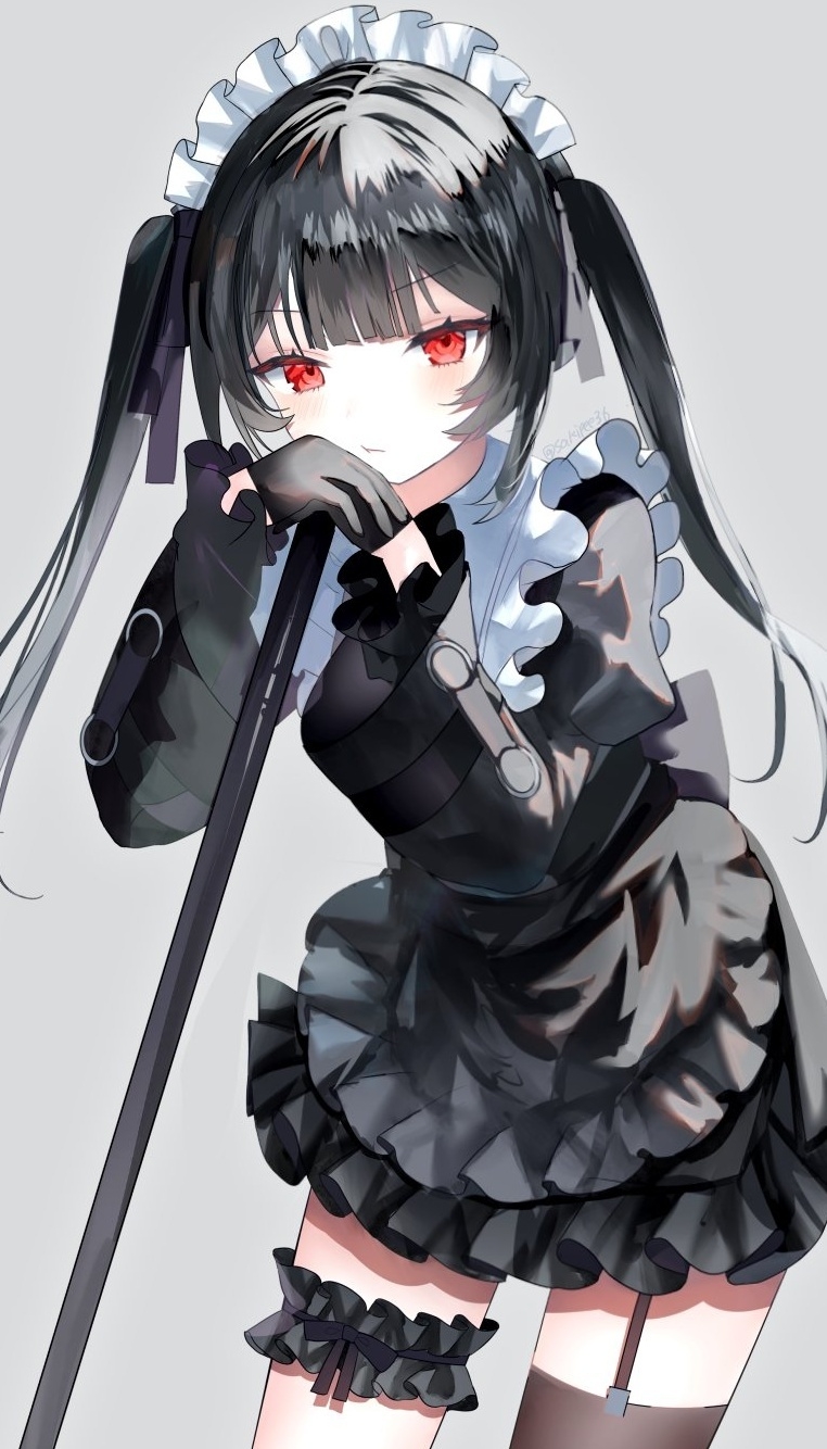 1girl, :t, apron, asymmetrical_legwear, black_apron, black_dress, black_gloves, black_hair