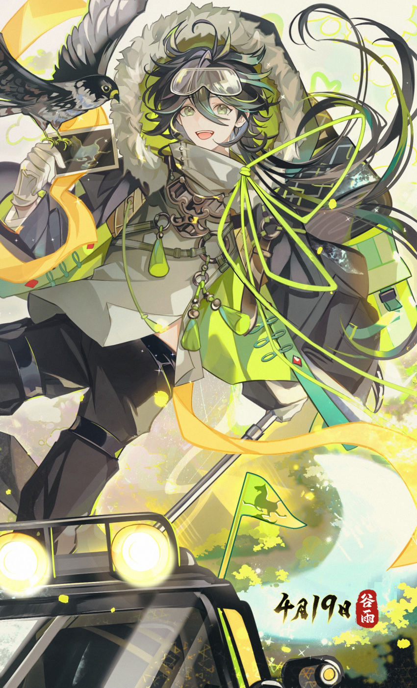 1boy, absurdres, backpack, bag, belt, bird, bird_on_hand, bishounen
