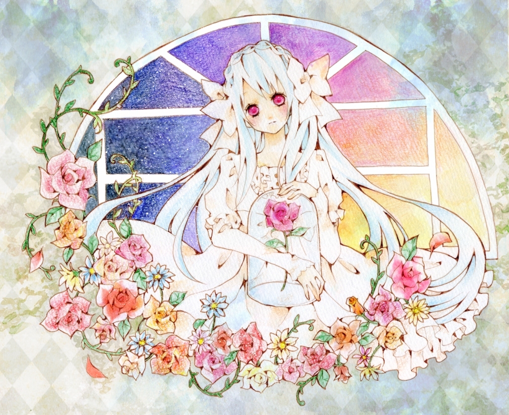 albino, alternate_hairstyle, blue_hair, dress, flower, hair_ribbon, hatsune_miku, holding, long_hair, lowry's_room_(vocaloid), orange_rose, pink_eyes, pink_rose, purple_rose, red_rose, ribbon, rose, solo, tomoshibi_rei, vocaloid, window, yellow_rose