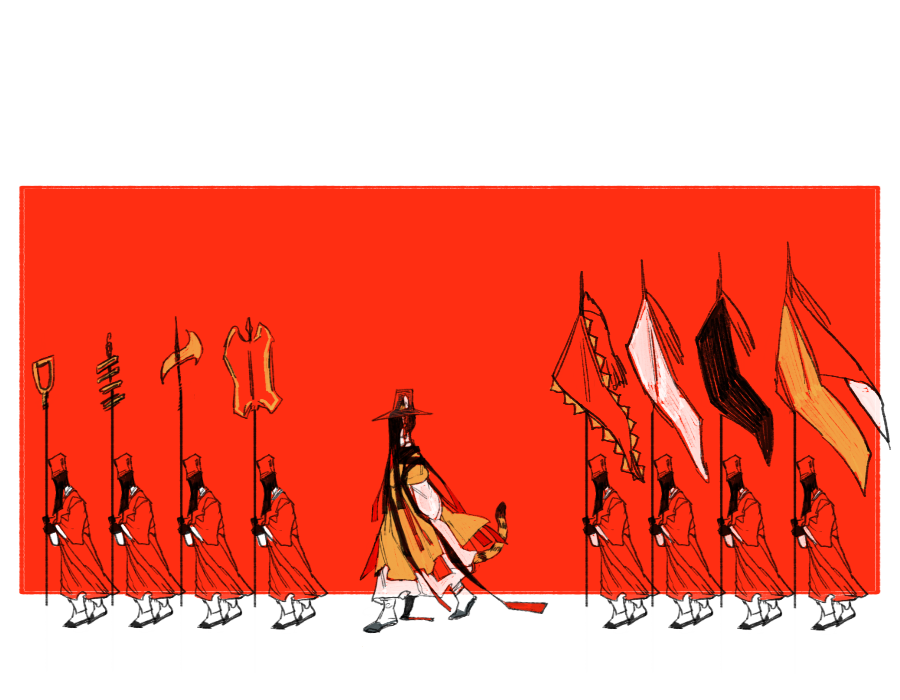 6+boys, animal_ears, arms_behind_back, dream_tiger_(govy9807), flag, full_body, gat_(korean_traditional_hat), hanbok, hiryuu_(kugelcruor), holding, humanization, korean_clothes, limited_palette, long_sleeves, looking_to_the_side, male_focus, multiple_boys, orange_hanbok, original, red_background, simple_background, tail, tiger_boy, tiger_ears, tiger_tail, walking