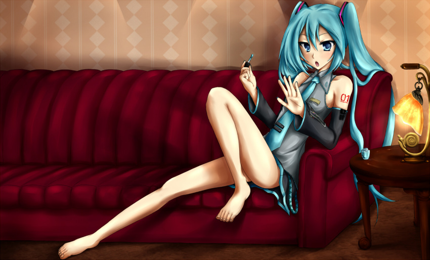 couch, detached_sleeves, hatsune_miku, kadomaki_shinnosuke, vocaloid