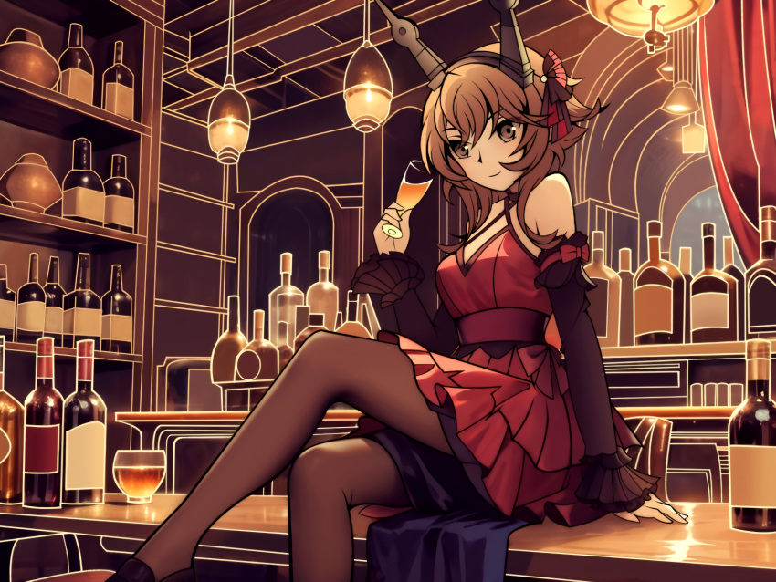 1girl, alternate_costume, alternate_eye_color, bar_(place), black_pantyhose, black_sleeves, bottle, breasts