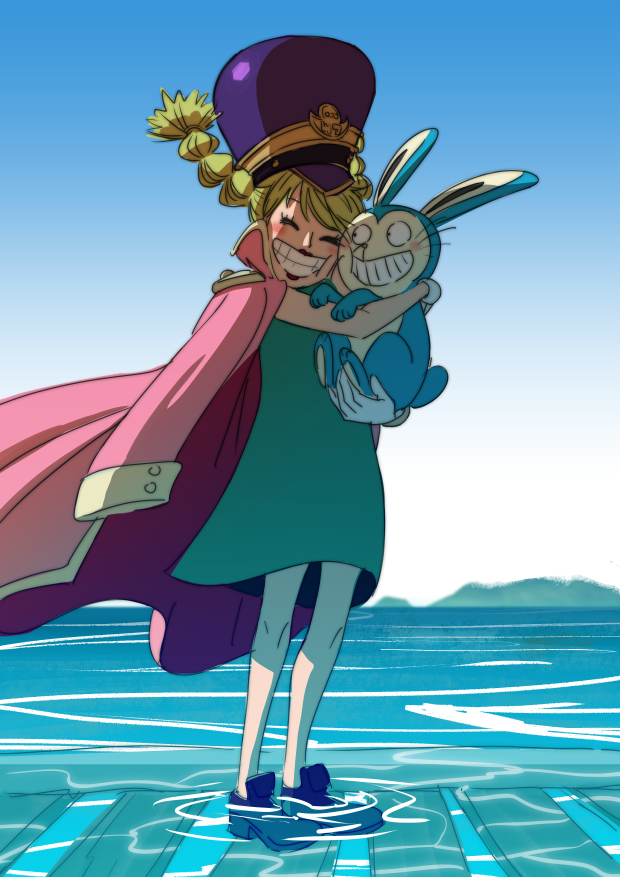 1girl, ^_^, aj_(taksesal), animal, blush, braided_twintails, chimney_(one_piece), closed_eyes, coat, coat_on_shoulders, dress, english_commentary, full_body, gonbe_(one_piece), green_hair, hair_up, hat, holding, holding_animal, looking_at_another, one_piece, pink_coat, rabbit, railroad_tracks, sky, smile, whiskers