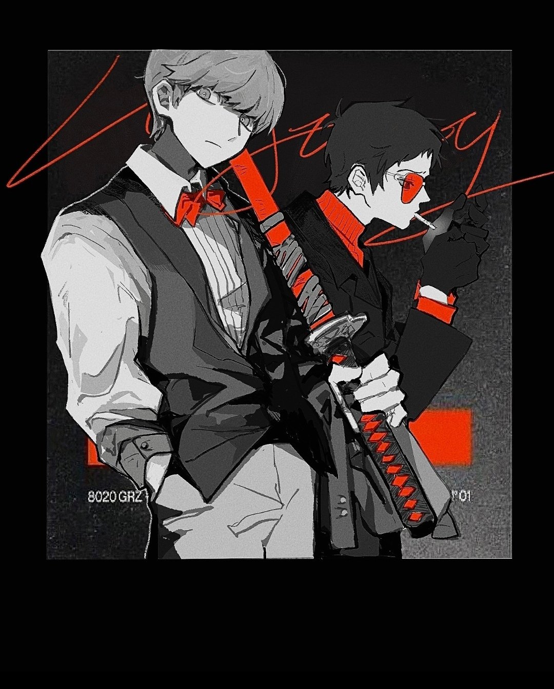 2boys, adachi_tooru, alternate_costume, black_hair, blazer, bow, bowtie, dress_shirt