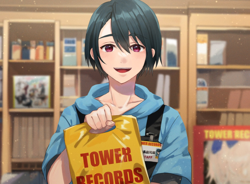 1boy, bag, black_hair, blue_hoodie, blush, bookshelf, collarbone, commentary_request, hair_between_eyes, hood, hoodie, jack_jeanne, justice0916, light_particles, looking_at_viewer, male_focus, pink_eyes, short_hair, smile, solo, store_clerk, teeth, upper_body, upper_teeth_only, working, yonaga_soushirou