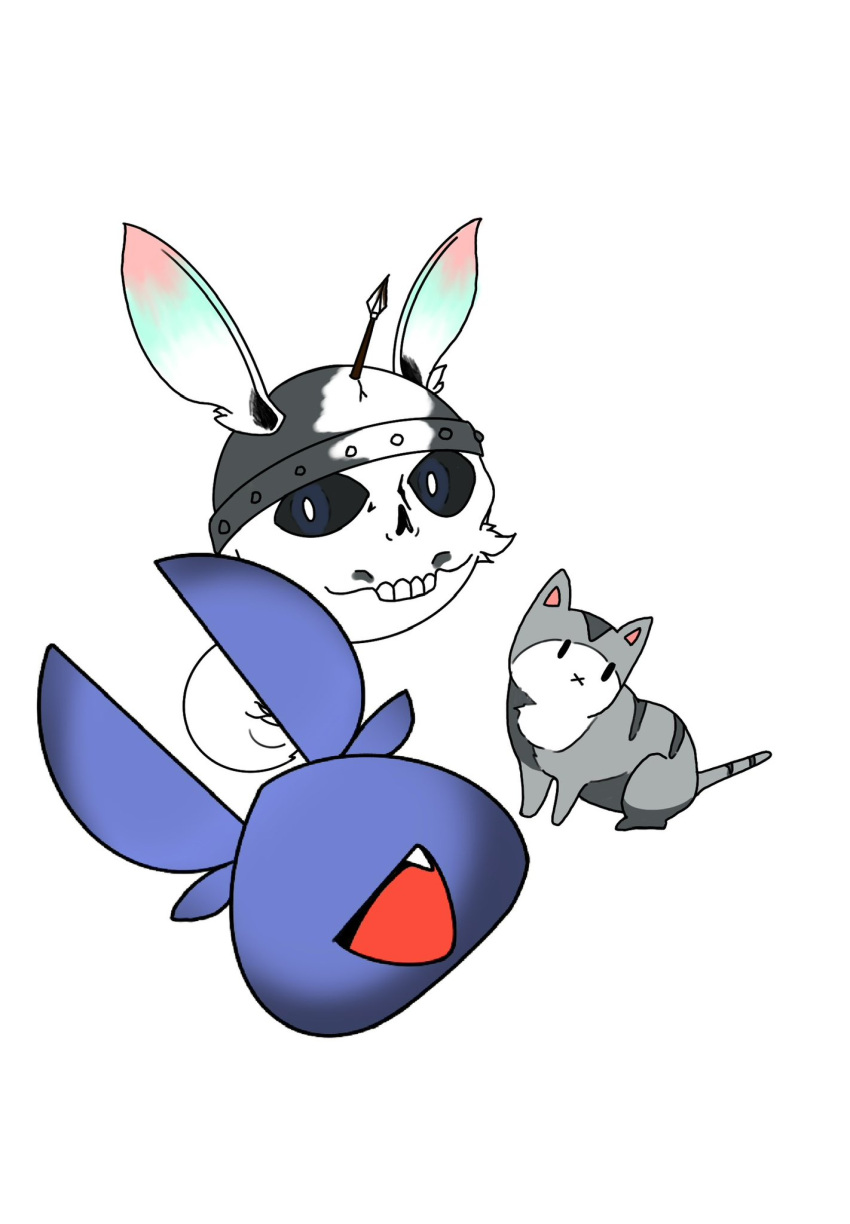 1other, arrow_(projectile), arrow_in_body, arrow_in_head, black_sclera, brown_dust_2, cat, colored_sclera, cracked_helmet, ears_through_headwear, fang, helmet, highres, isaac_(brown_dust_2), looking_at_viewer, no_humans, no_nose, object_through_head, open_mouth, simple_background, smile, solid_oval_eyes, twing_glutti, white_background, yu31400