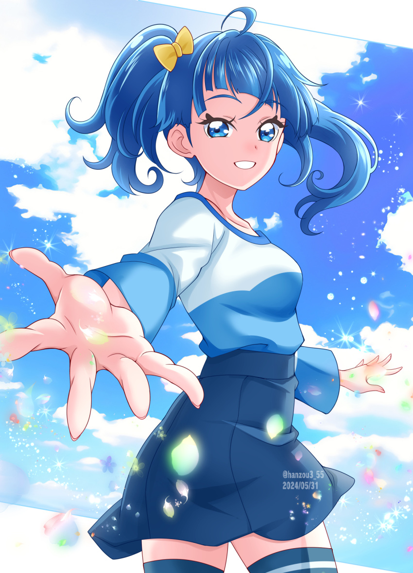 1girl, azure_blue_t-shirt, blue_eyes, blue_hair, blue_shirt, blue_skirt, blue_sky, blue_t-shirt