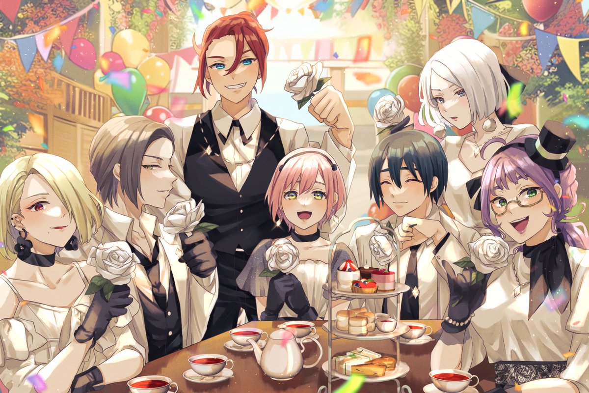 1girl, 6+boys, androgynous, anniversary, balloon, bishounen, black_choker, black_gloves