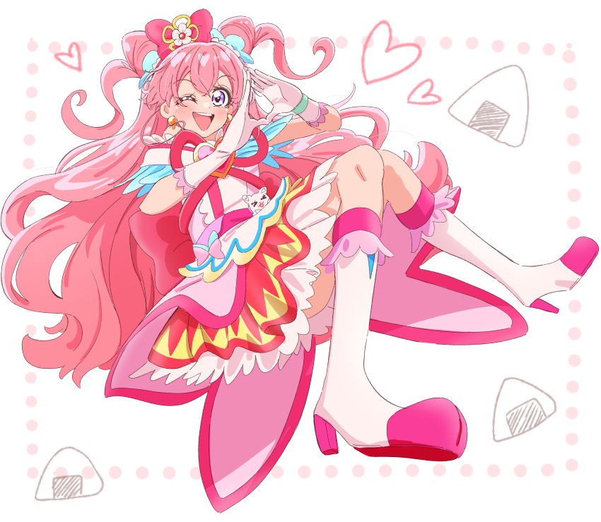 1girl, ;d, absurdres, akizora_(aki_precure), apron, back_bow, bow, brooch, commentary, cone_hair_bun, cure_precious, delicious_party_precure, double_bun, dress, earrings, floating, food, gloves, hair_bow, hair_bun, heart, heart_brooch, highres, huge_bow, jewelry, kneehighs, kome-kome_(precure), long_hair, looking_at_viewer, magical_girl, nagomi_yui, off-shoulder_dress, off_shoulder, one_eye_closed, onigiri, pink_dress, pink_hair, precure, red_bow, red_ribbon, ribbon, short_dress, smile, socks, solo, triangle_hands, two_side_up, violet_eyes, waist_apron, white_footwear, white_gloves