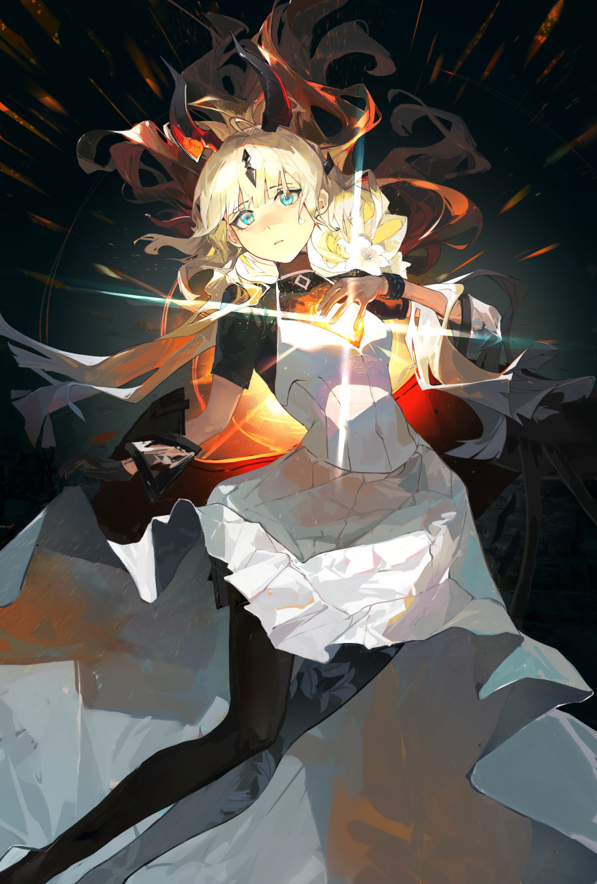 1girl, absurdres, ahoge, arknights, black_gloves, black_pantyhose, black_undershirt, blonde_hair