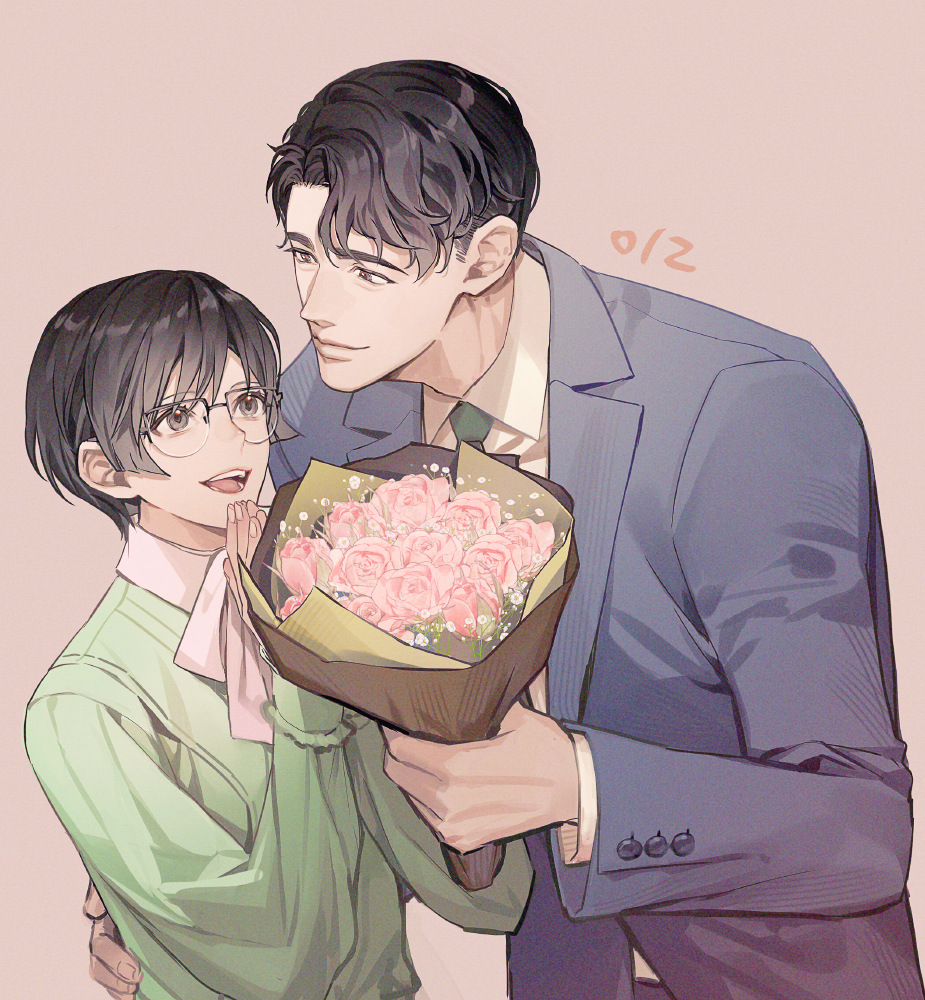 1boy, 1girl, black_hair, blue_jacket, bouquet, commentary_request, glasses, green_necktie
