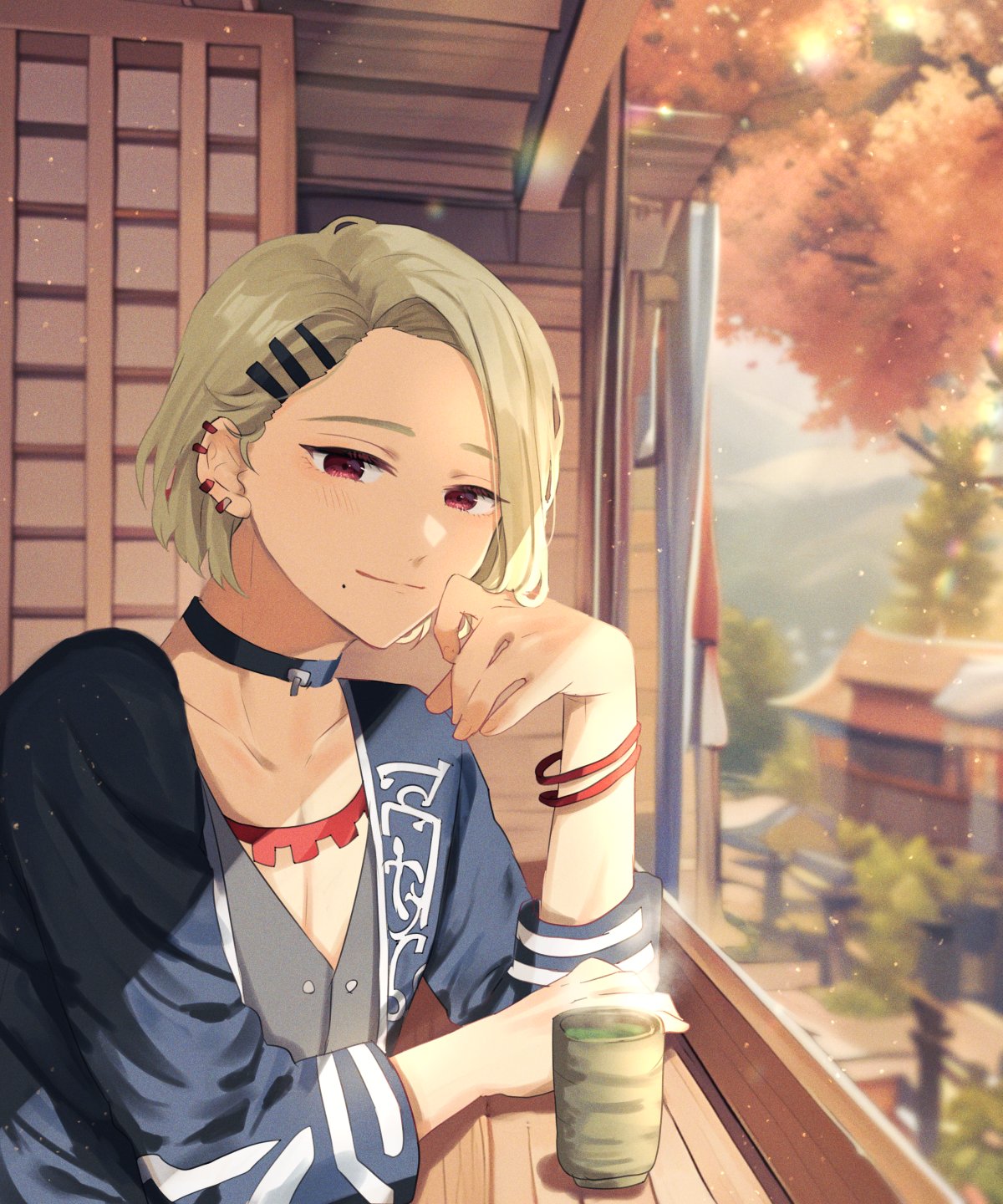 1boy, autumn_leaves, bishounen, black_choker, blonde_hair, choker, closed_mouth, commentary_request