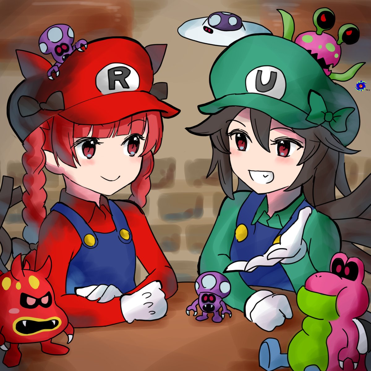2girls, animal_ears, bird_wings, black_feathers, black_hair, black_wings, blue_overalls, braid
