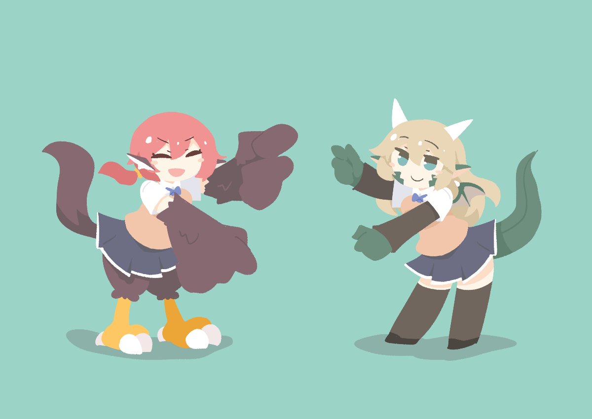 2girls, animal_ears, big_o_pants, bird_ears, bird_legs, bird_tail, black_feathers, black_skirt