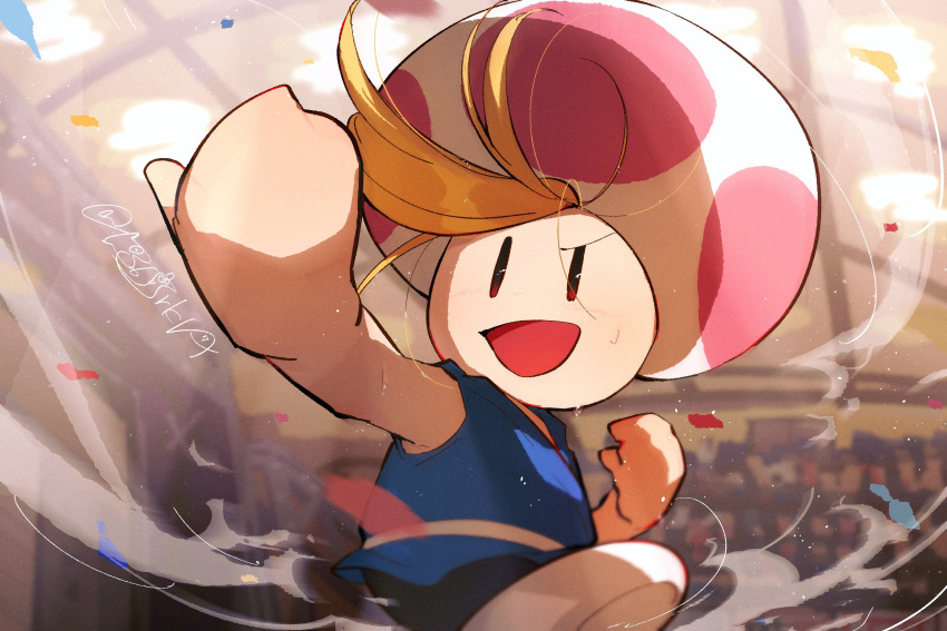 1boy, :d, artist_name, black_eyes, blonde_hair, blue_shirt, blurry, blurry_background, clenched_hand, fighting_stance, floating_hair, furrowed_brow, hanaon, hand_up, highres, indoors, light_particles, looking_at_viewer, male_focus, open_mouth, outstretched_arm, paper_mario, paper_mario:_the_thousand_year_door, prince_mush, sash, shirt, shoes, signature, sleeveless, sleeveless_shirt, smile, smoke, solid_oval_eyes, solo, super_mario_bros., sweat, white_footwear, white_sash