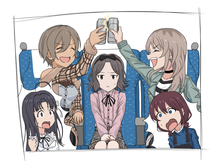 5girls, asahi_breweries, awa_subaru, beer_can, black_choker, black_hair, black_ribbon, blue_eyes