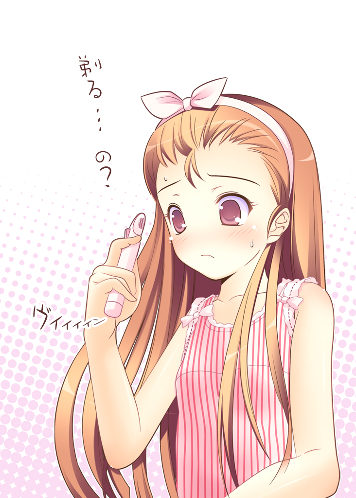 blush, brown_hair, electric_razor, hairband, idolmaster, long_hair, minase_iori, red_eyes