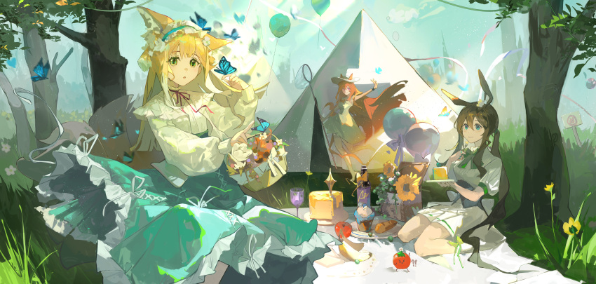 !?, 3girls, absurdres, alternate_costume, amiya_(arknights), animal_ears, animate_object, aqua_skirt, arknights, balloon, banana, bare_legs, barefoot, basket, blonde_hair, blouse, blue_butterfly, blue_eyes, blue_sky, bottle, bow, bowtie, brown_hair, bug, butterfly, butterfly_net, cake, camping, character_request, chest_bow, clouds, cross-laced_clothes, cross-laced_skirt, cup, cupcake, dress, drinking_glass, flower, flower_basket, food, forest, fox_ears, fox_girl, frilled_skirt, frills, fruit, green_bow, green_bowtie, green_eyes, hair_between_eyes, hand_net, highres, holding, holding_basket, holding_plate, infection_monitor_(arknights), kiolkoooo, light_blush, light_particles, long_hair, long_skirt, looking_at_viewer, low_side_ponytail, multiple_girls, nature, neck_ribbon, net, orange_bow, orange_hair, outdoors, picnic, picnic_basket, plate, post_sign, puffy_sleeves, rabbit_ears, rabbit_girl, red_ribbon, ribbon, shirt, sitting, skirt, sky, sleeveless, sleeveless_dress, smile, socks, sunflower, suzuran_(arknights), tent, tomato, tree, very_long_hair, violet_eyes, wariza, white_dress, white_shirt, white_skirt, white_socks, wind, wind_lift, wine_bottle, wine_glass